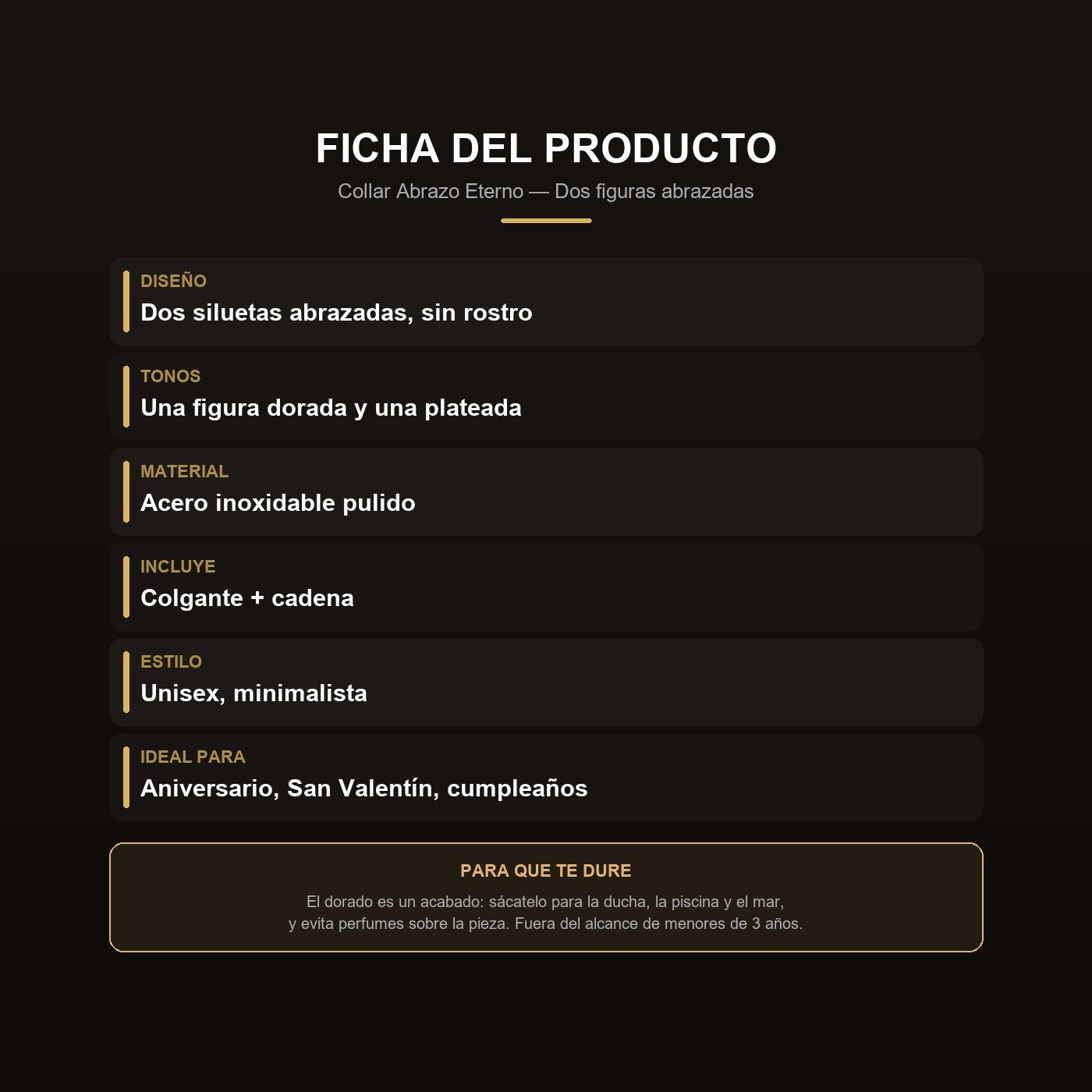 Ficha del collar Abrazo Eterno y cuidados del acabado dorado