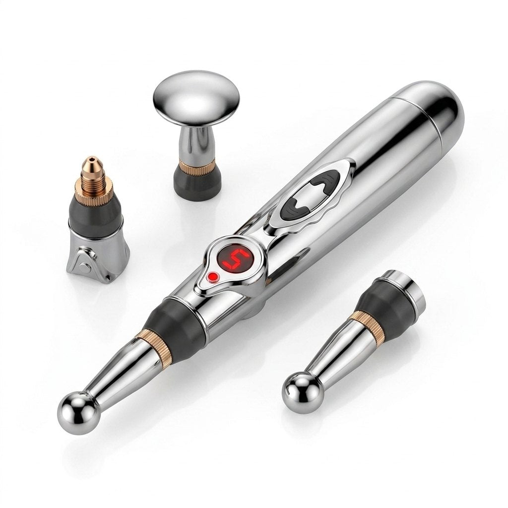 AcuPlus lápiz de acupuntura electrónica plateado con 3 cabezales intercambiables y display LED rojo