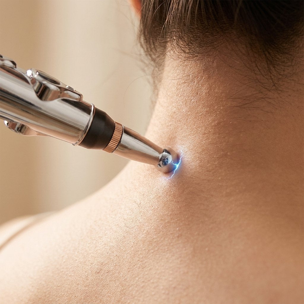 Detalle cabezal nodo AcuPlus aplicando estimulación eléctrica en punto de acupuntura del cuello