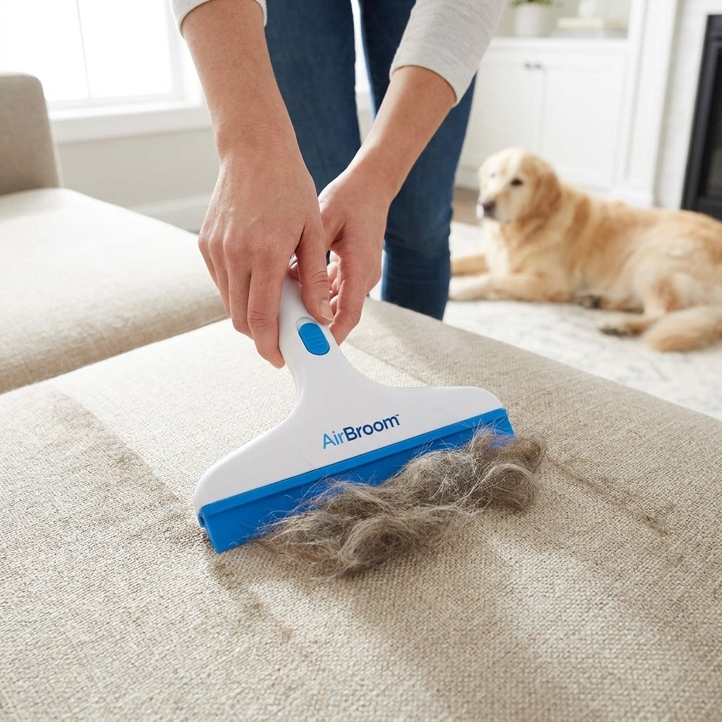 Mini escoba Helio AirBroom quitando pelo de mascota de sillón tapizado y cojines