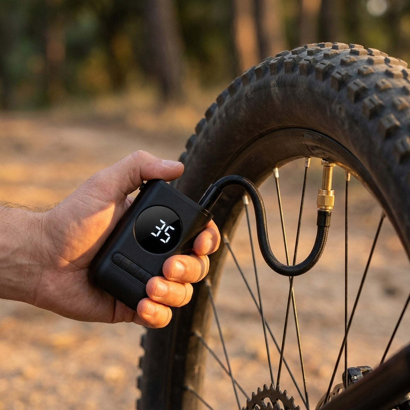 Inflando el neumatico de una bicicleta con el mini compresor AIRGO