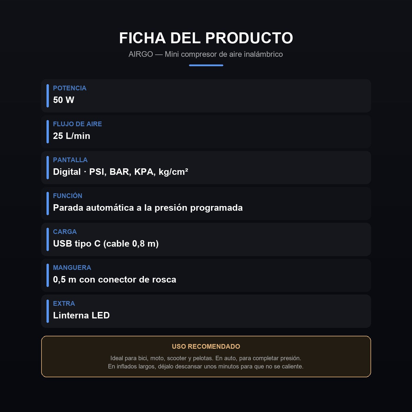 Ficha del mini compresor AIRGO: 50 W, 25 L/min, carga USB-C