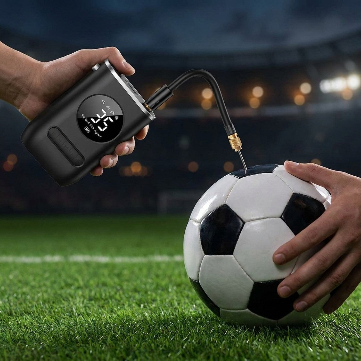 Inflando una pelota de futbol con el mini compresor AIRGO