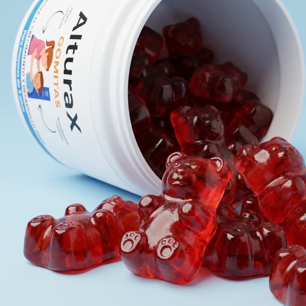 Detalle gomitas AlтuraX sabor frutal colores ingredientes naturales L-Arginina Calcio Vitamina D3