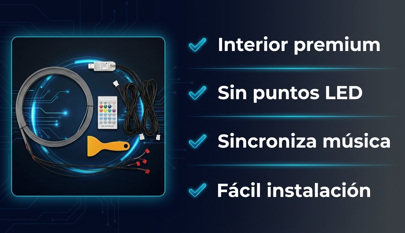 Beneficios AMBIX: Interior premium, Sin puntos LED, Sincroniza música, Fácil instalación