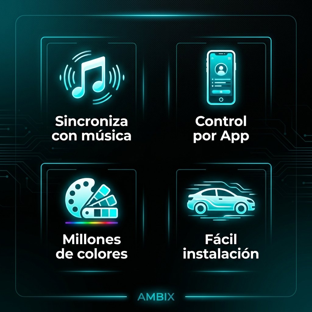 Beneficios AMBIX: Interior premium, Sin puntos LED, Sincroniza música, Fácil instalación