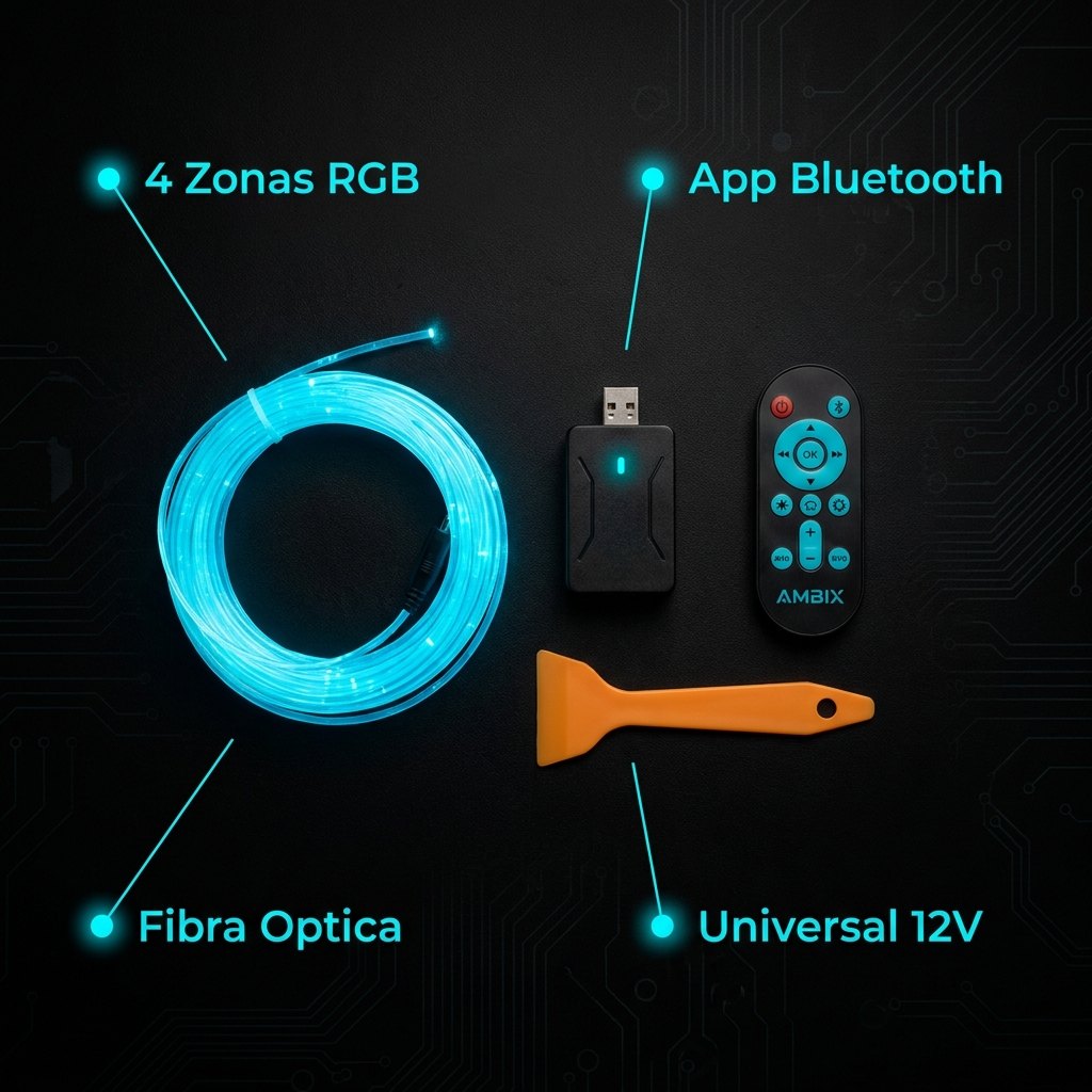 Kit AMBIX completo: fibra óptica, controlador USB, mando IR, herramienta — 4 zonas RGB, App Bluetooth, Fibra Óptica, Universal 12V