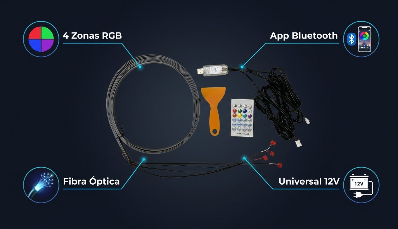 Kit AMBIX completo: fibra óptica, controlador USB, mando IR, herramienta — 4 zonas RGB, App Bluetooth, Fibra Óptica, Universal 12V