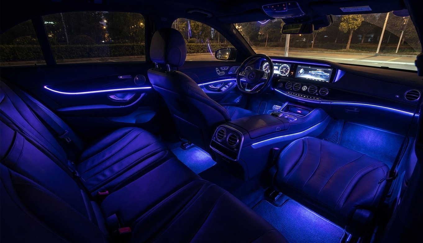 Interior auto con iluminación ambiental RGB AMBIX — glow azul y morado en puertas, dashboard y piso