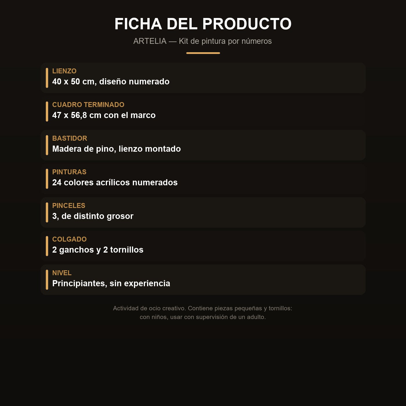 Ficha del kit ARTELIA: lienzo 40x50 cm, 24 colores, 3 pinceles y ganchos