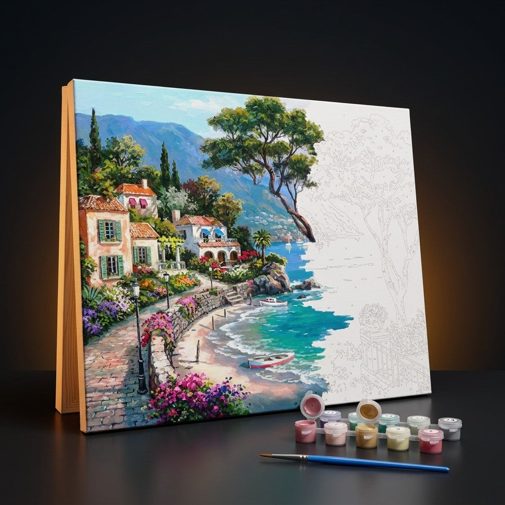 Kit de pintura por numeros ARTELIA, paisaje mediterraneo a medio pintar con bastidor