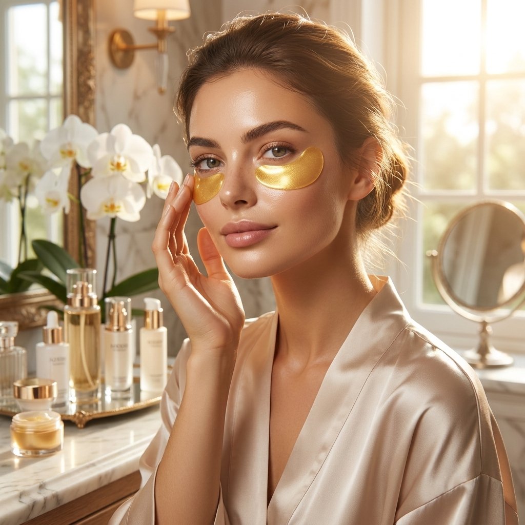 Mujer aplicándose parches dorados AURUM bajo los ojos en rutina de belleza