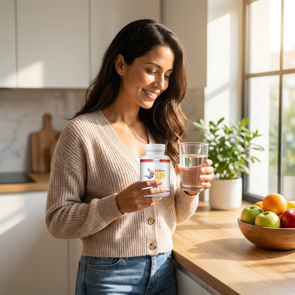 Mujer tomando capsulas Balloon Slim con vaso de agua antes de comer