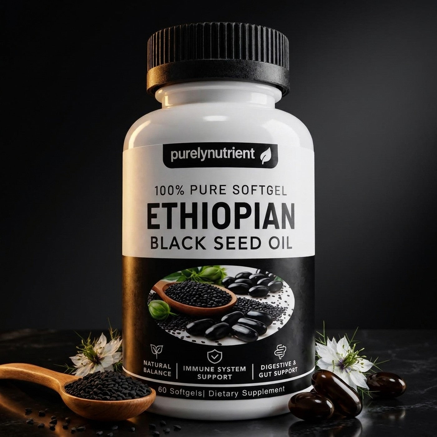 Ethiopian Black Seed Oil, frasco de 60 softgels con semillas negras