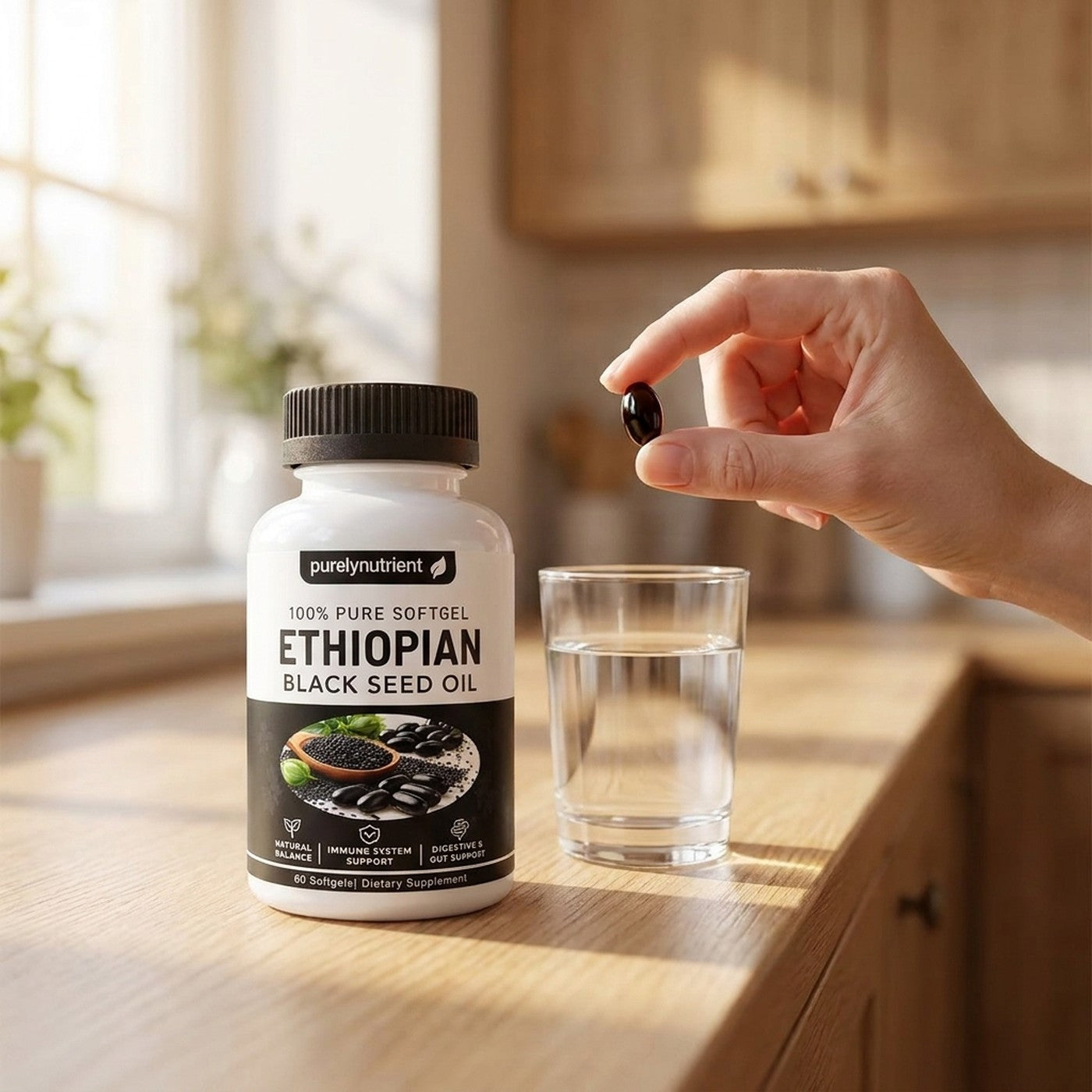 Un softgel de aceite de semilla negra con un vaso de agua