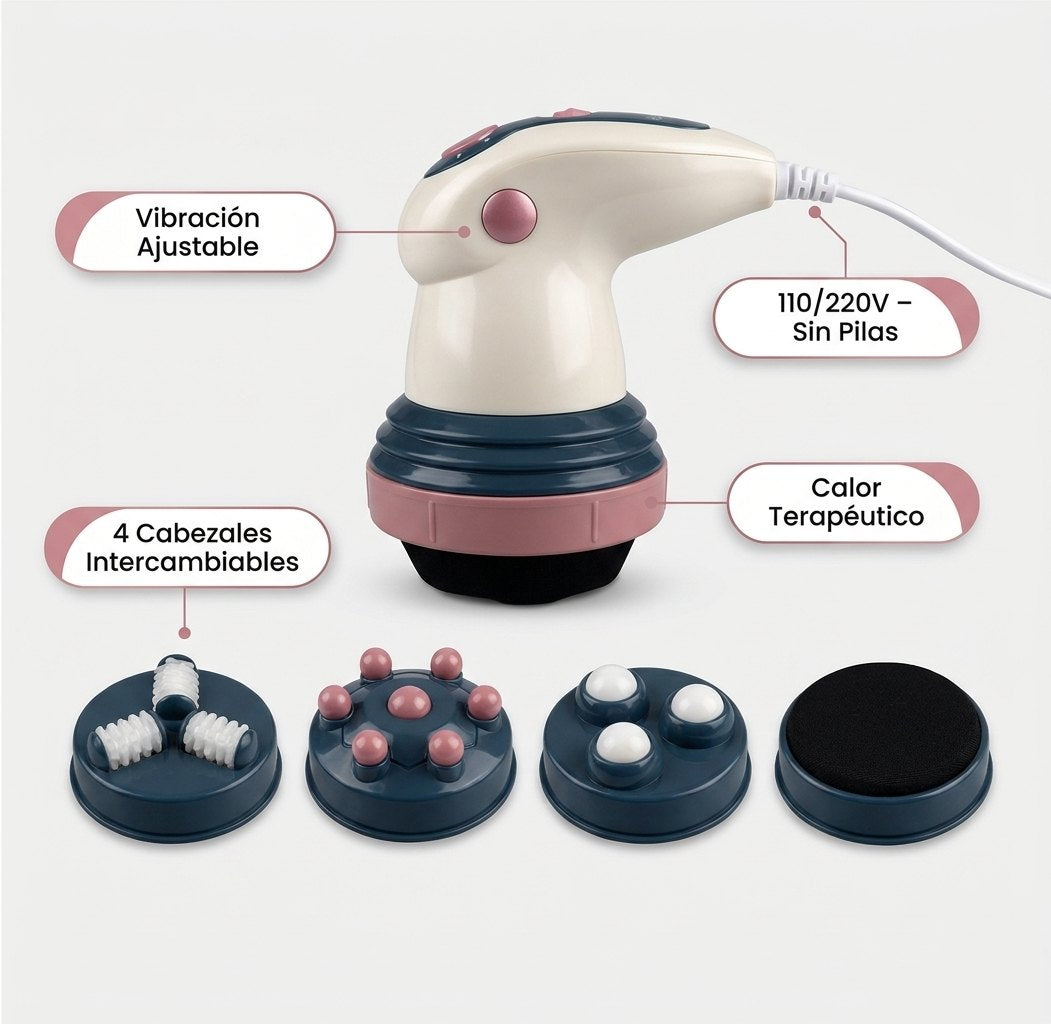 Especificaciones: 4 cabezales intercambiables, vibración ajustable, calor terapéutico, 110/220V