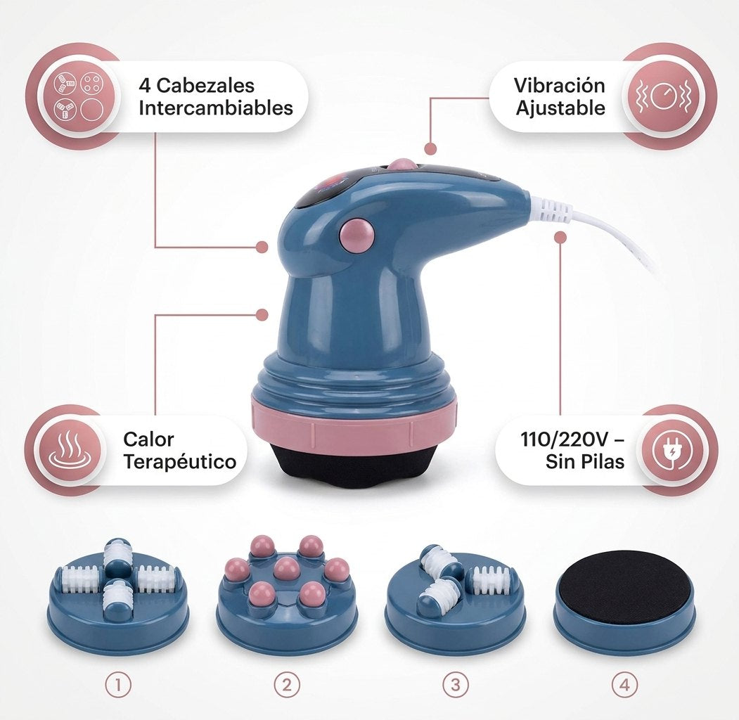 Especificaciones: 4 cabezales intercambiables, vibración ajustable, calor terapéutico, 110/220V