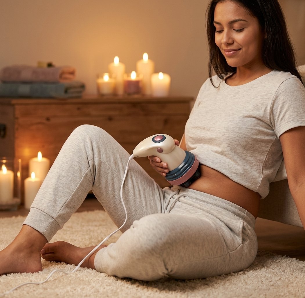 Mujer relajada usando el masajeador BODY INNOVATION en su abdomen