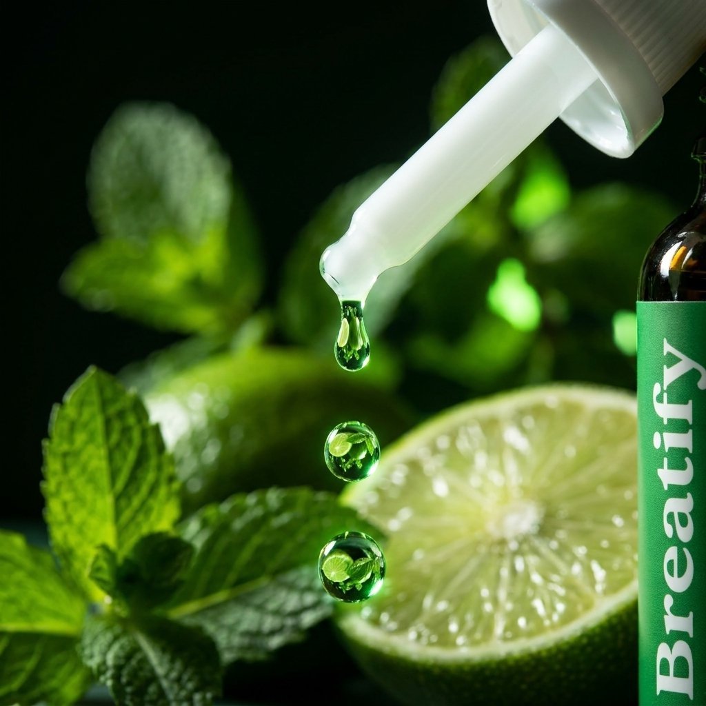 Detalle gotero Breatify 3 gotas aceite natural limón menta eucalipto cuidado bucal