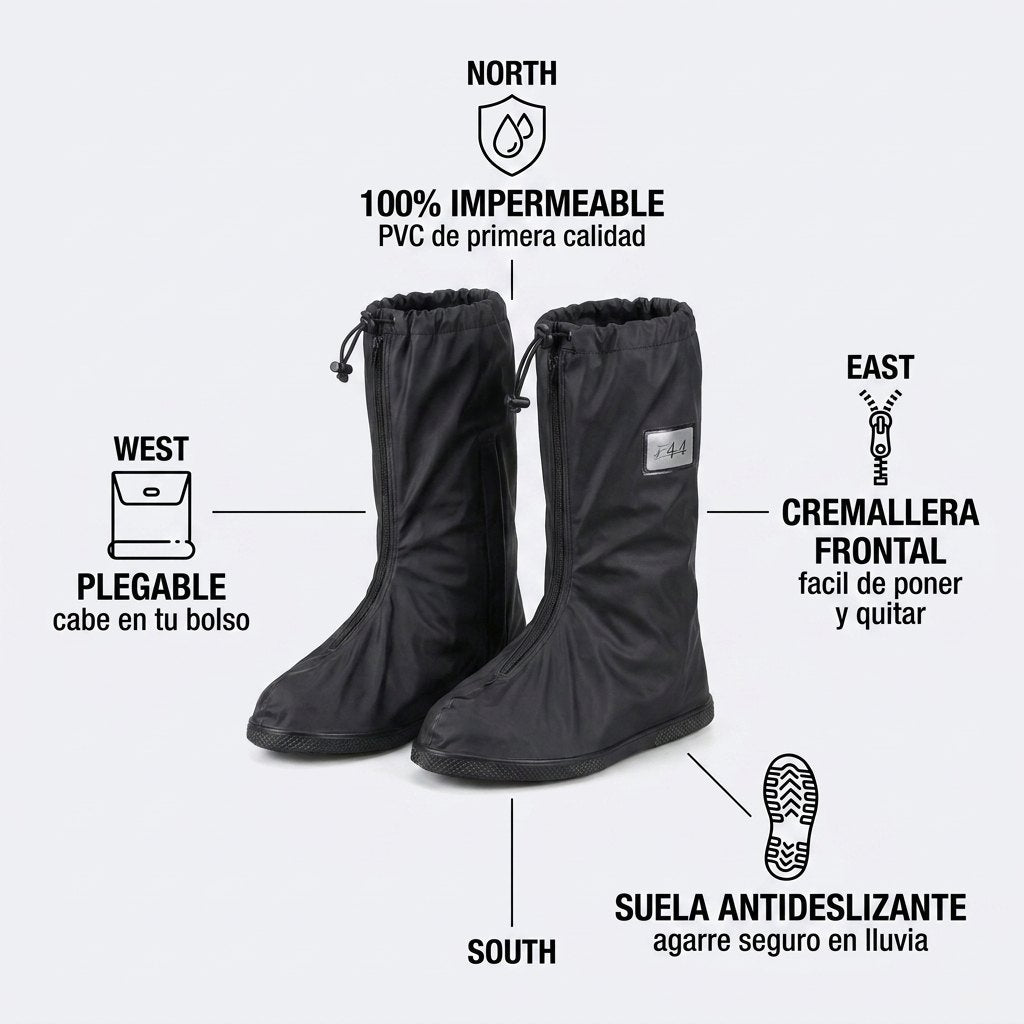 Especificaciones: 100% impermeable, cremallera, suela antideslizante, plegable