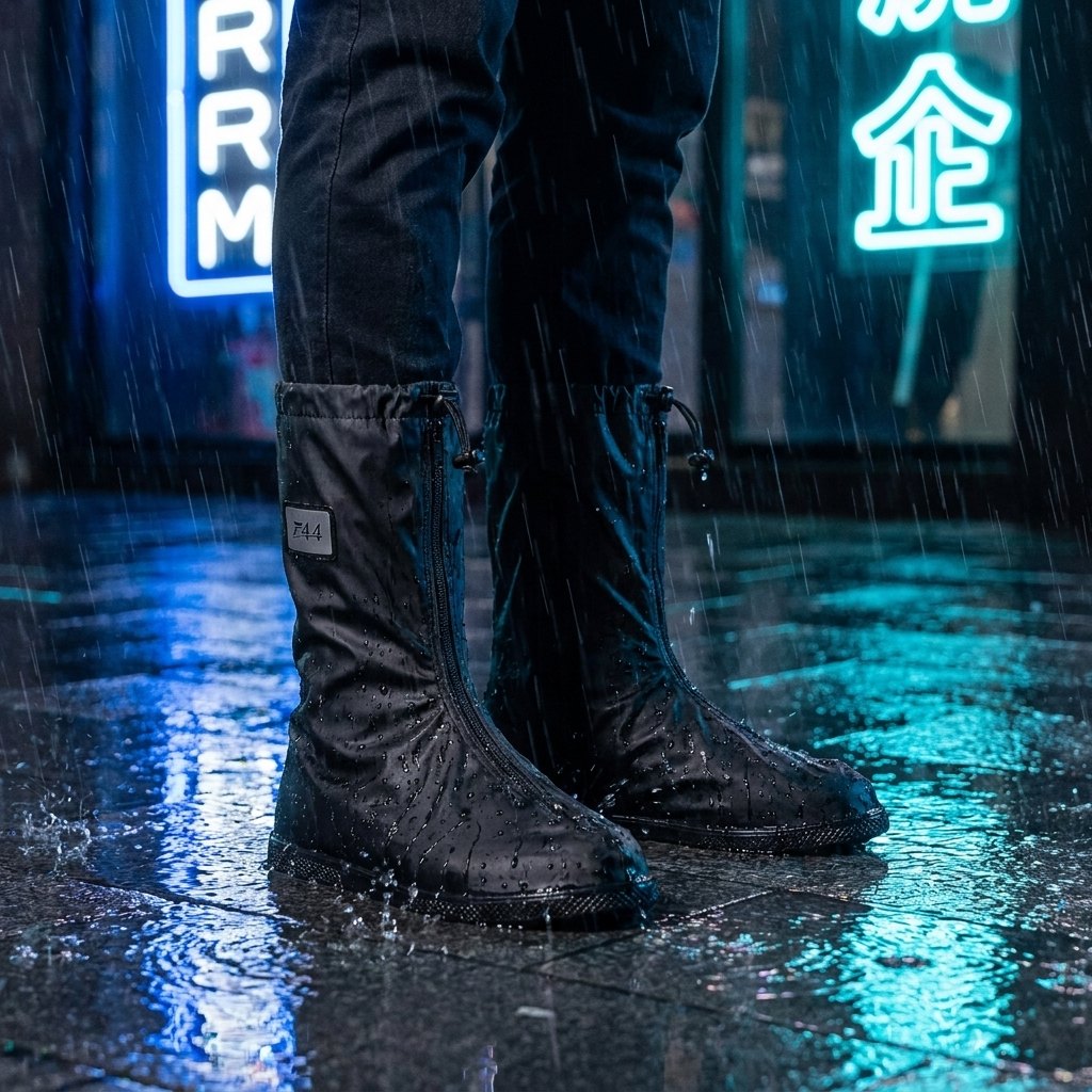 Cubrecalzado impermeable DRYSTEP sobre adoquines mojados en ciudad lluviosa