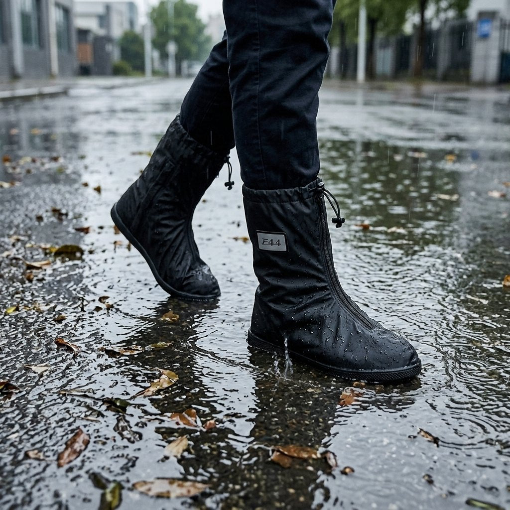 Persona caminando por charcos con cubrecalzado impermeable DRYSTEP