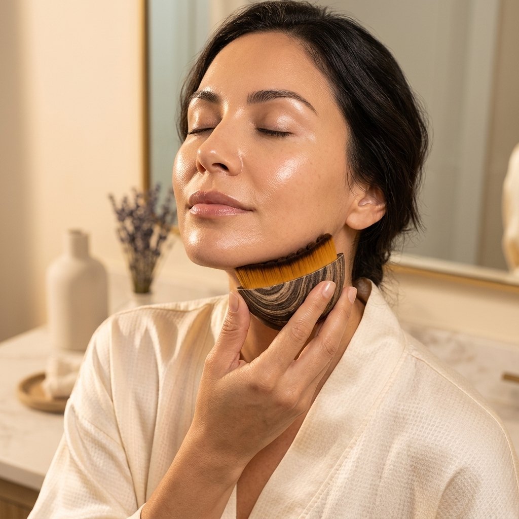 Mujer realizando masaje de drenaje linfático facial con cepillo LUMINAE