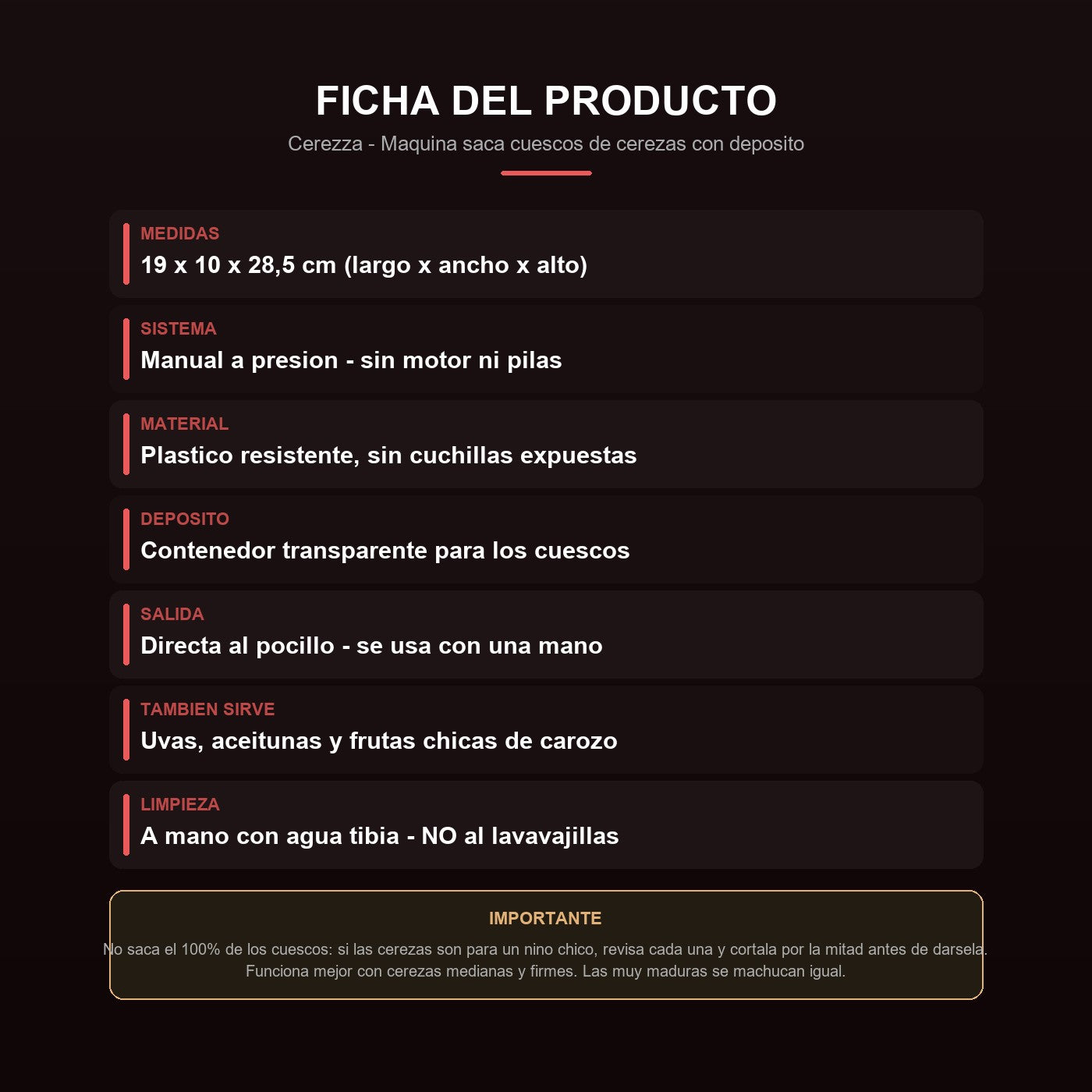 Ficha: medidas, material, uso y limpieza