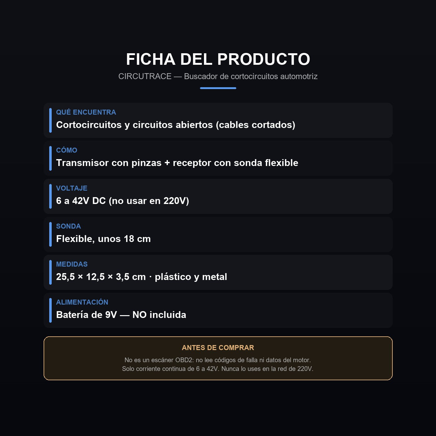 Ficha: 6 a 42V DC, sonda flexible y contenido de la caja
