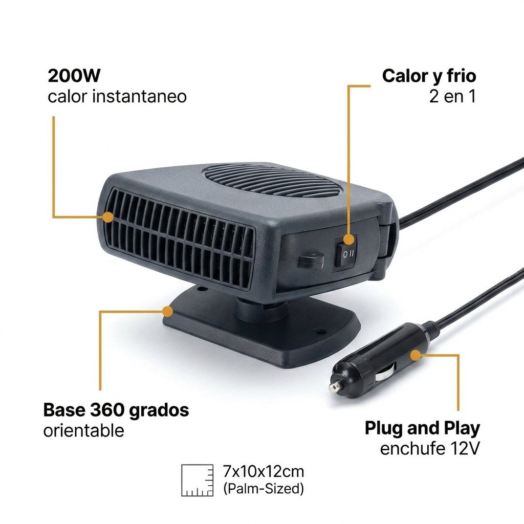 Especificaciones CLARIX: 200W, calor y frio 2 en 1, base 360 grados, Plug and Play 12V