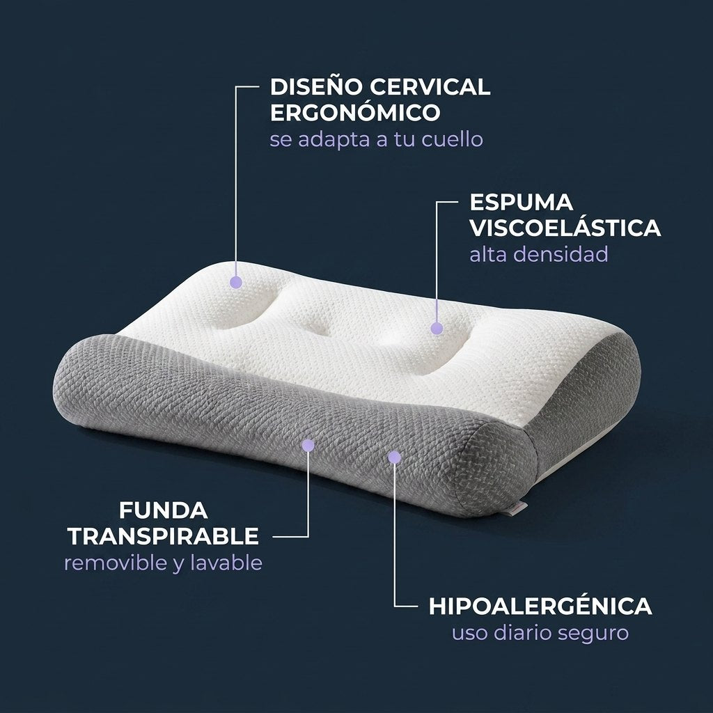 Especificaciones: diseño cervical ergonómico, espuma viscoelástica, funda transpirable, hipoalergénica