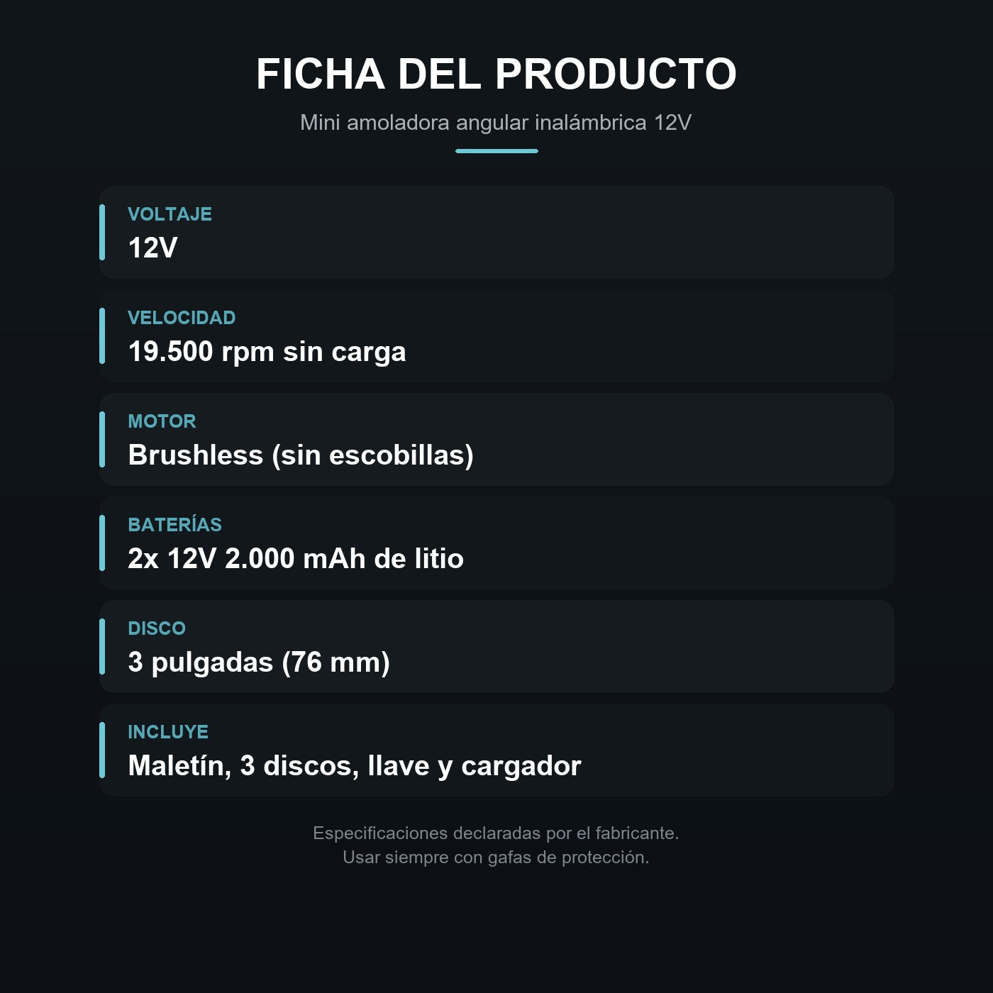 Ficha de la amoladora angular CORVEX 12V motor brushless 19500 rpm y 2 baterias