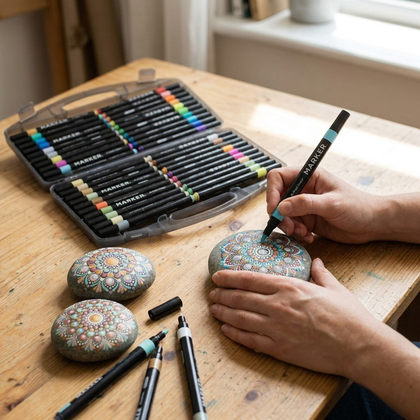 Pintando una piedra con los marcadores acrilicos