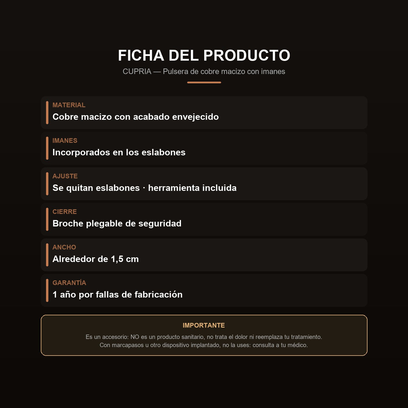 Ficha de la pulsera: cobre, imanes, ajuste y cuidados