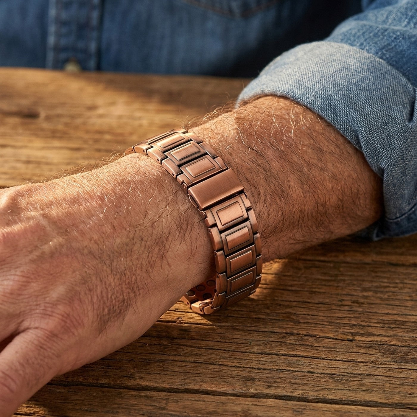 Pulsera de cobre puesta en la muneca de un hombre adulto