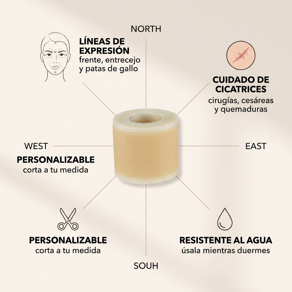 Beneficios: líneas de expresión, cuidado de cicatrices, resistente al agua, personalizable