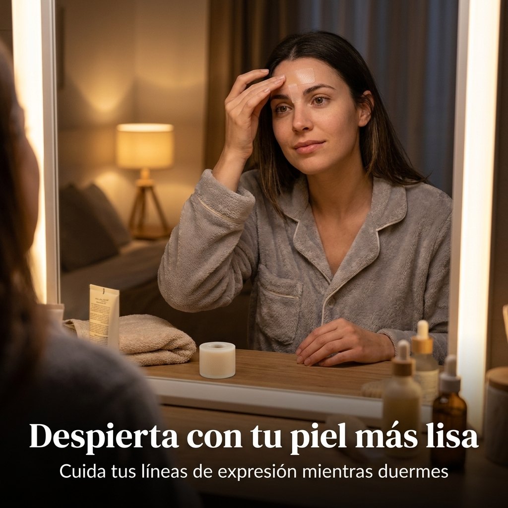 Mujer aplicándose cinta de silicona DERMASEAL en su rutina nocturna frente al espejo