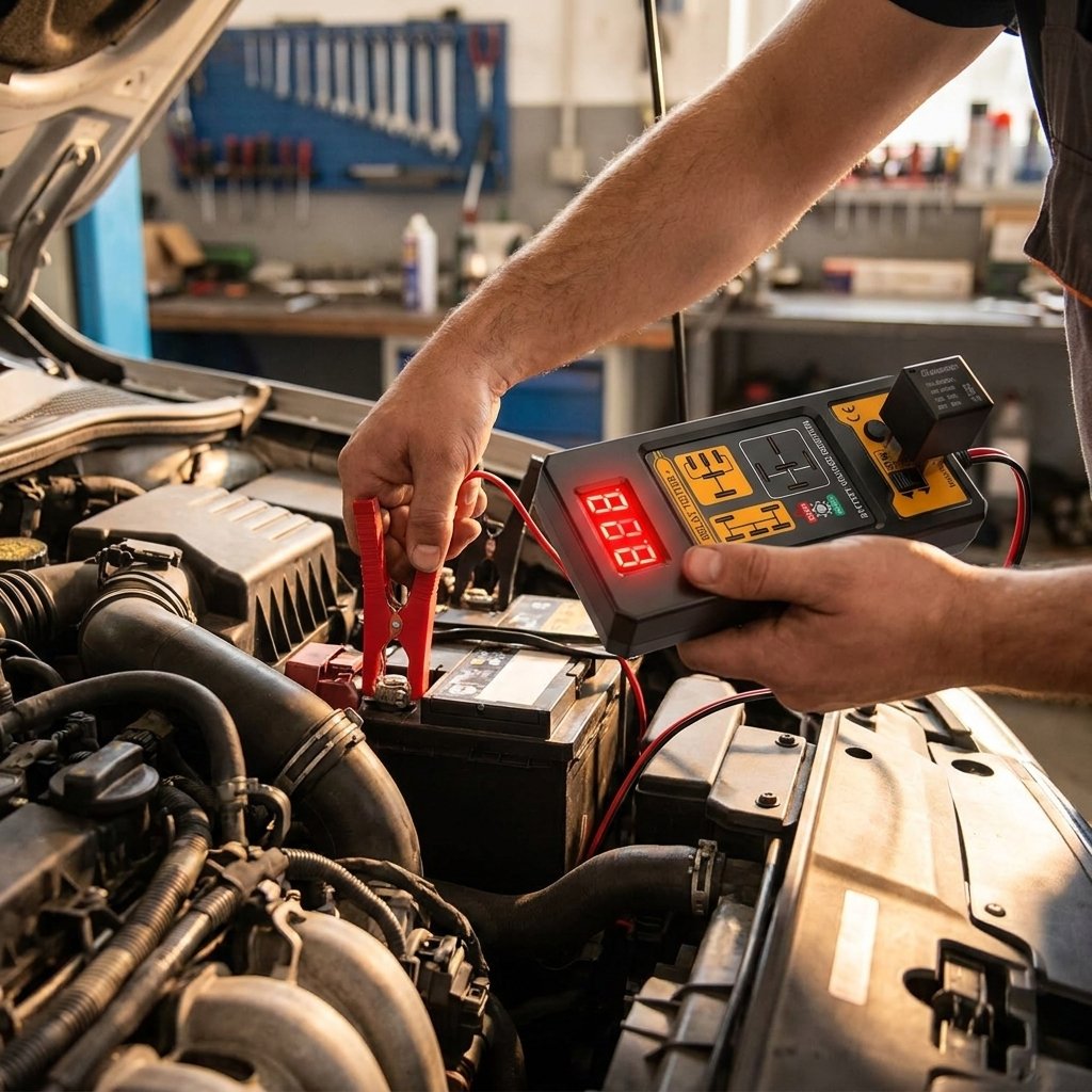 Mecánico usando DIAGPRO probador relé conectando pinzas batería auto diagnóstico taller