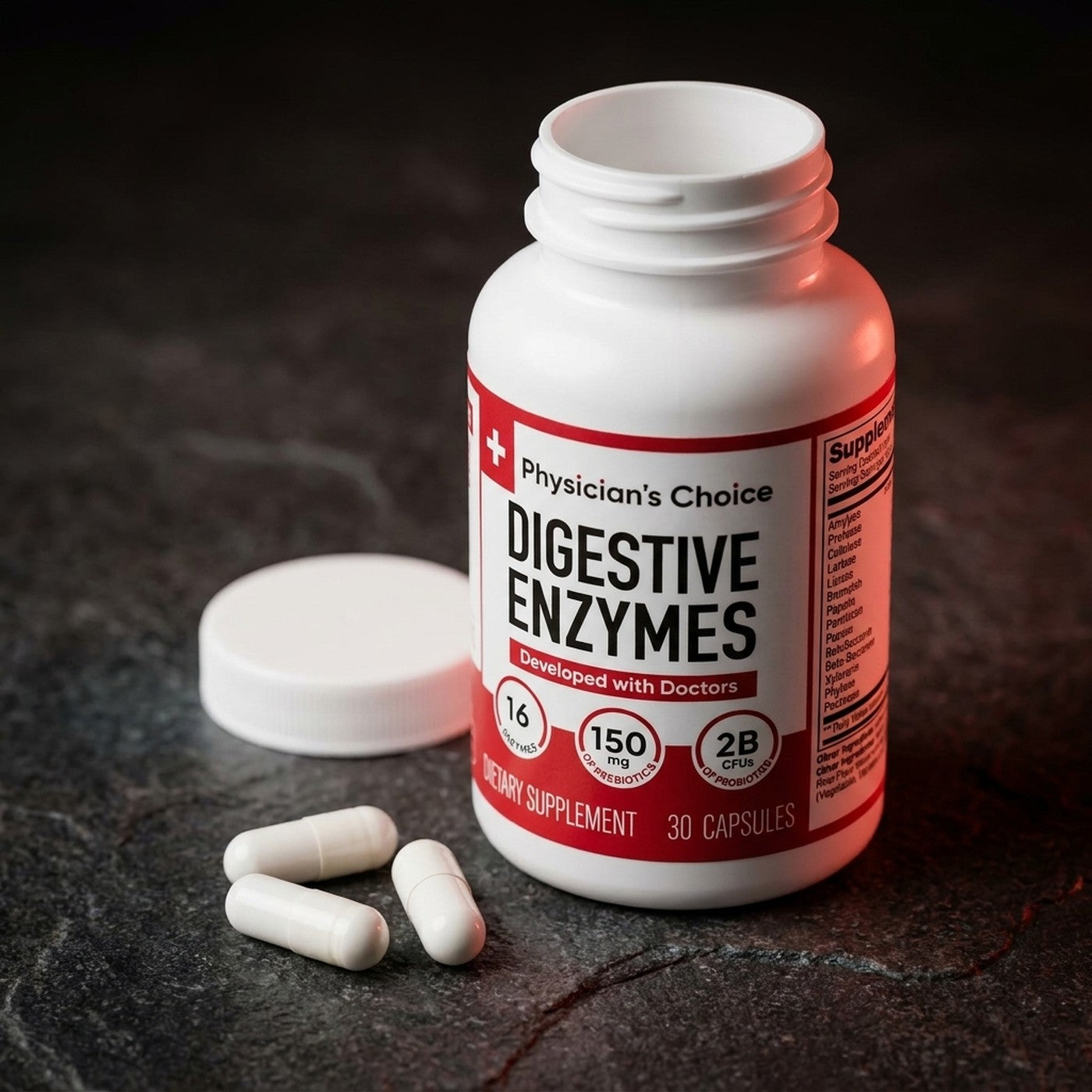 Capsulas de Digestive Enzymes junto al frasco