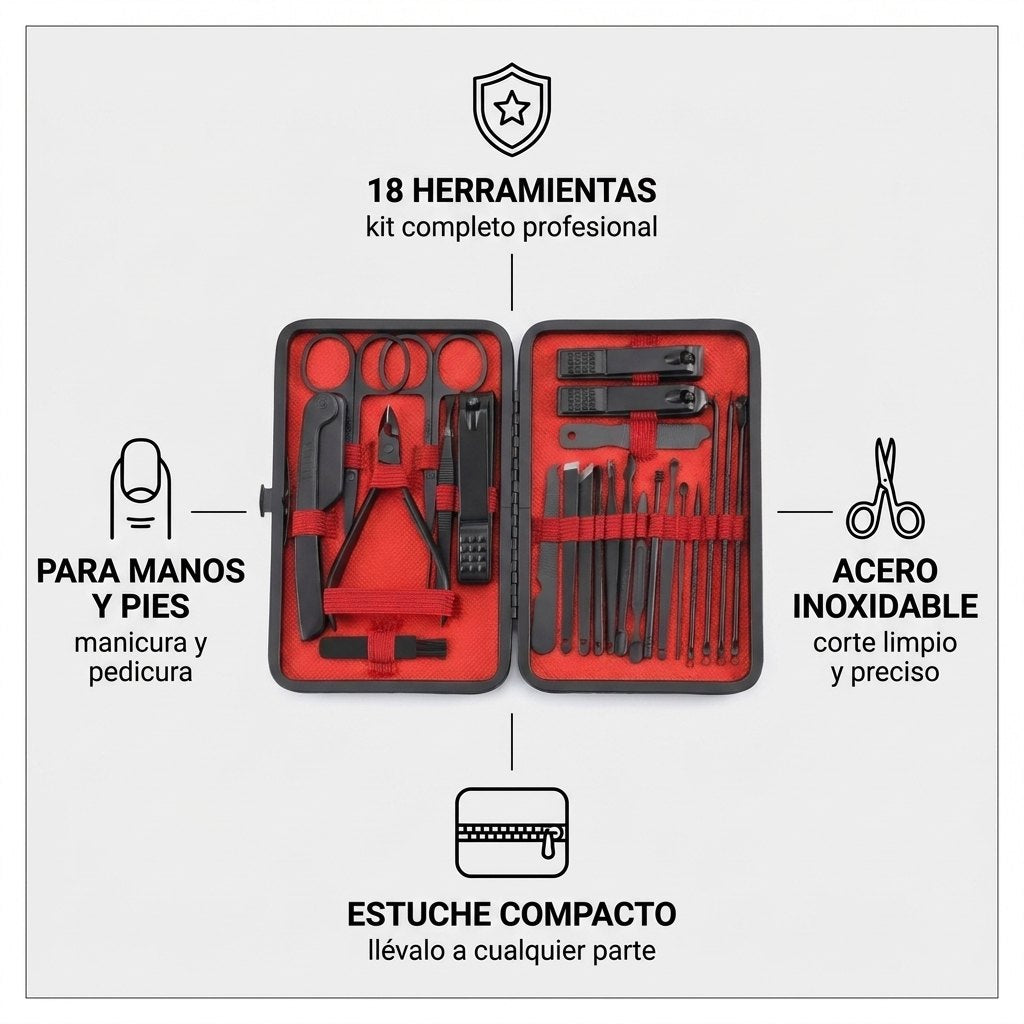 Especificaciones: 18 herramientas, acero inoxidable, estuche compacto, manos y pies
