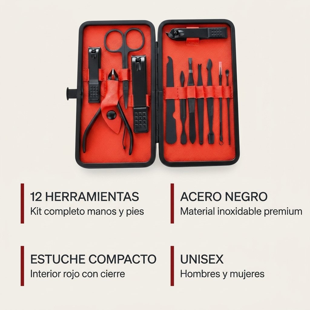 Especificaciones: 12 herramientas, acero inoxidable, estuche compacto, manos y pies