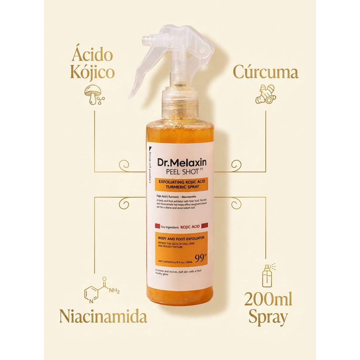 Ingredientes Dr. Melaxin: Ácido Kójico, Cúrcuma, Niacinamida, 200ml Spray