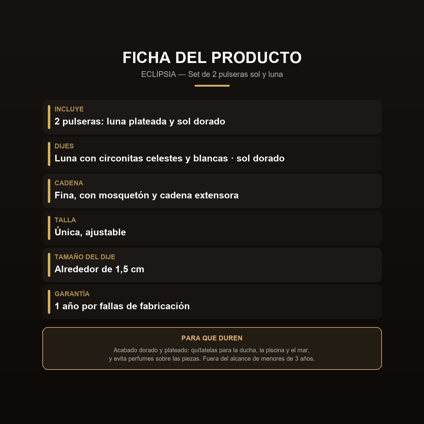 Ficha del set: dos pulseras, materiales y ajuste