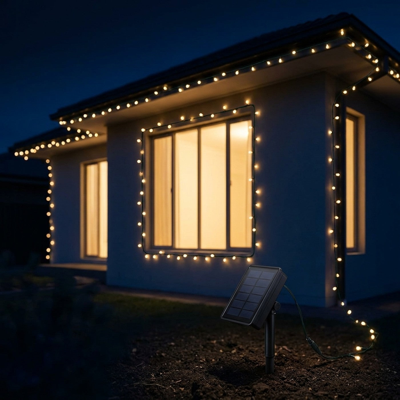La fachada de la casa delineada con luces calidas