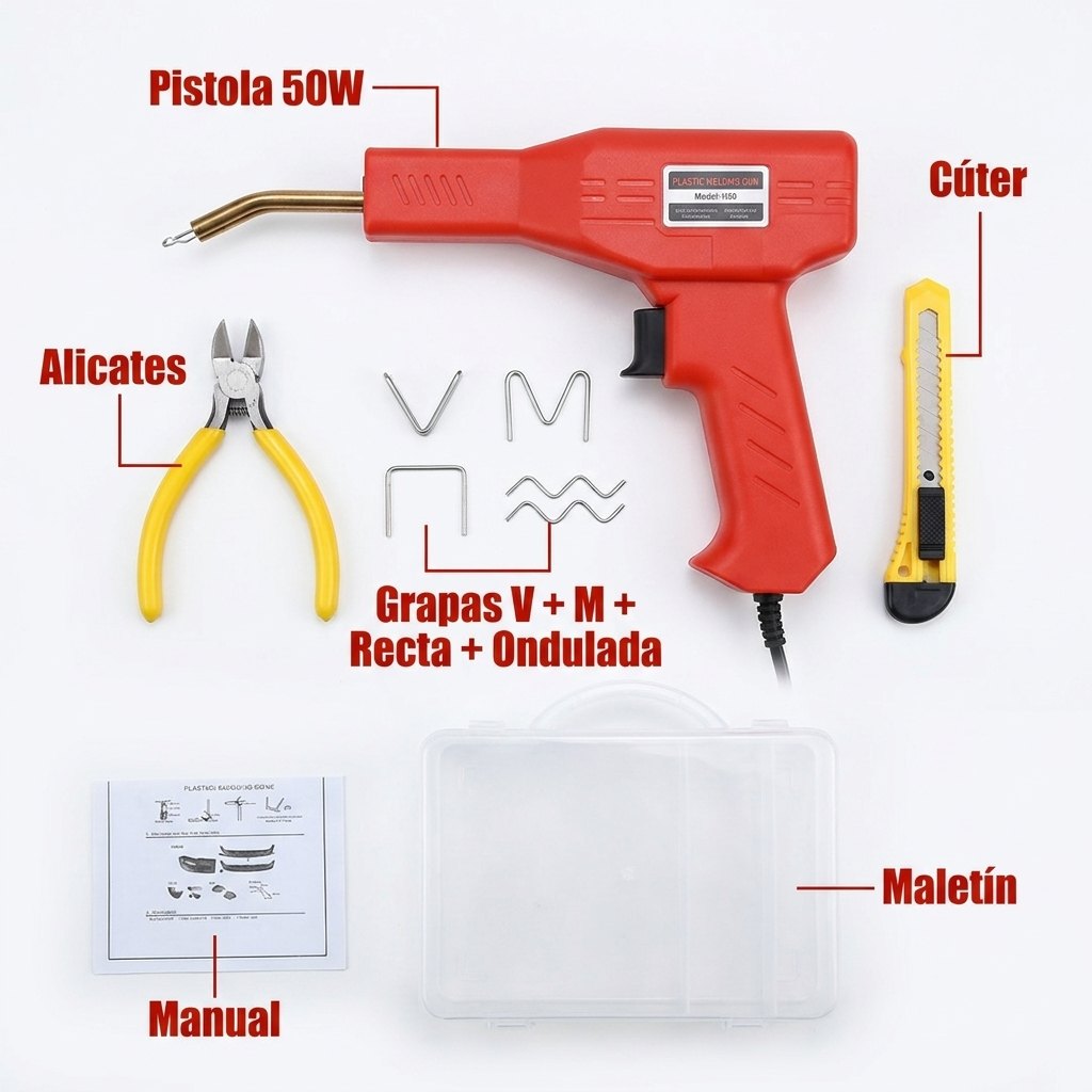 Kit FIXAR completo: pistola 50W, 4 tipos de grapas, alicates, cuter, maletin, manual