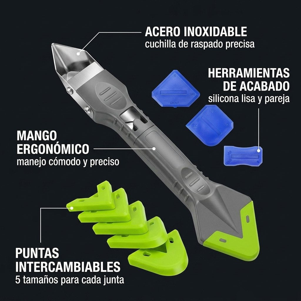 Especificaciones: acero inoxidable, cuerpo ABS, mango ergonómico, multiuso