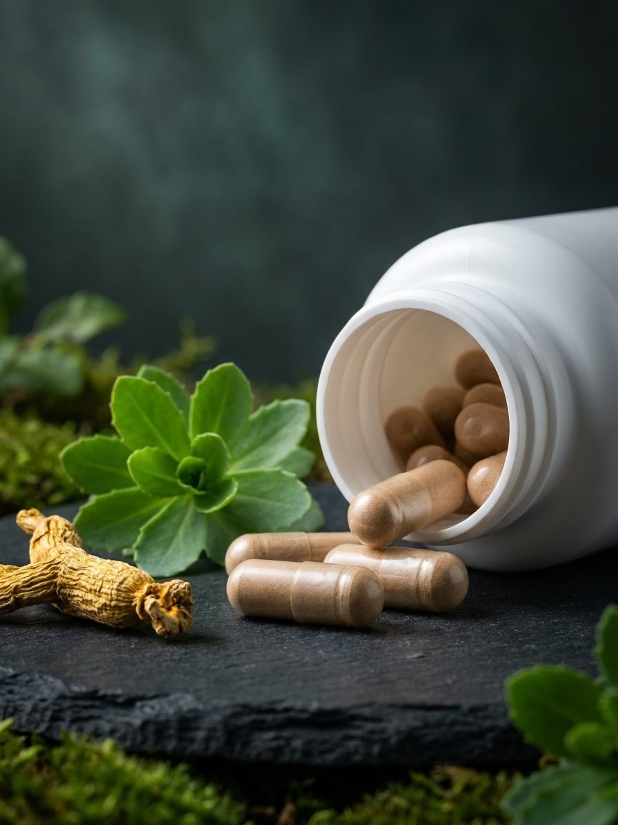 Detalle capsulas de extracto de Rhodiola Rosea sobre superficie oscura