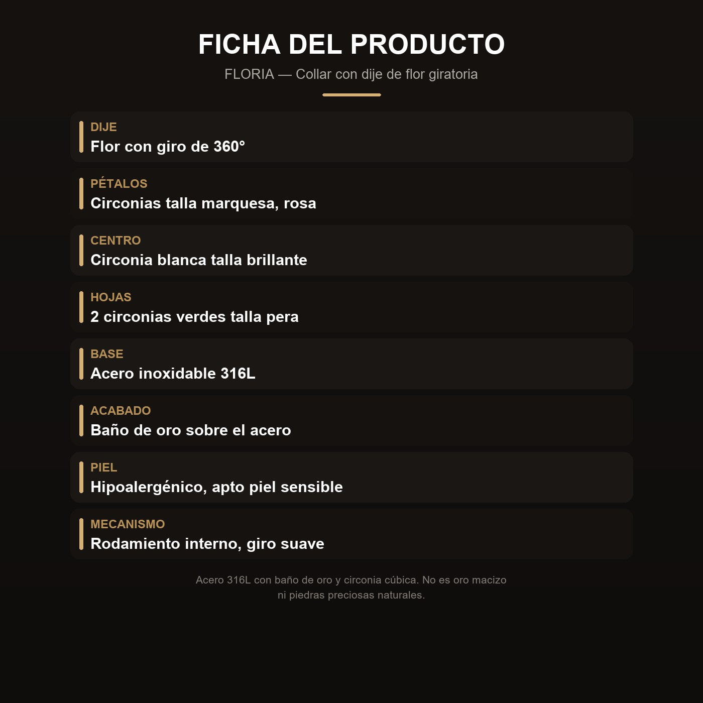 Ficha del collar FLORIA flor giratoria 360 grados con bano de oro