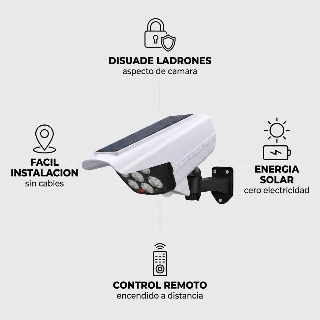 Beneficios: disuade ladrones, energía solar, control remoto, fácil instalación
