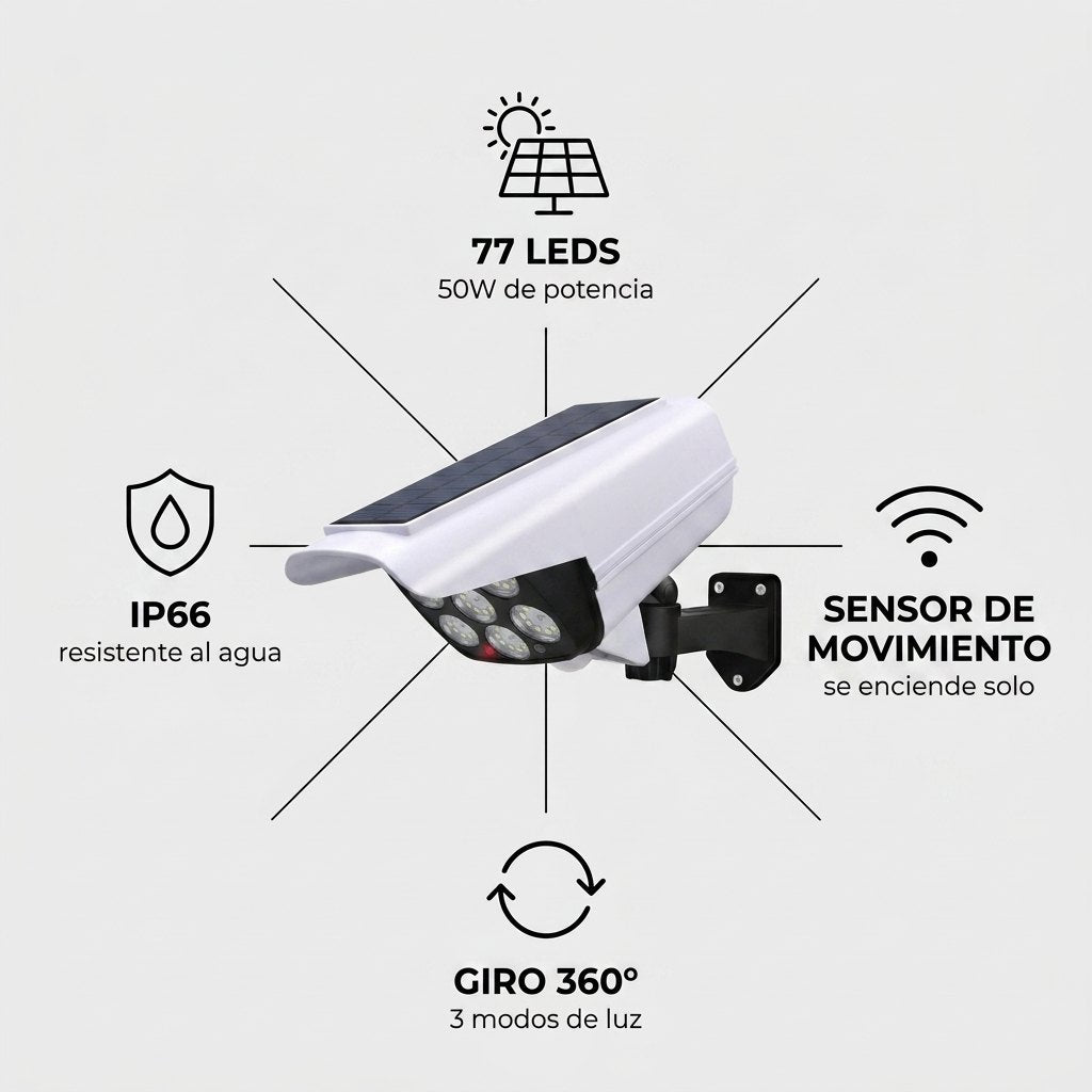 Especificaciones: 77 LEDs 50W, sensor de movimiento, giro 360°, IP66